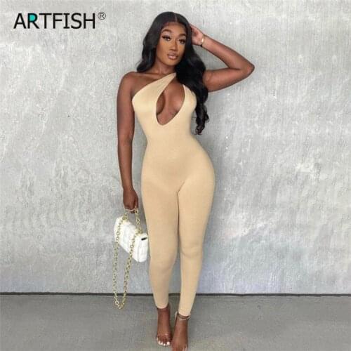 One Shoulder Sexy Cut Out Rompers Womens Jumpsuit 2021 Streetwear Solid Backless Active Wear Skinny Slim Jumpsuits Summer M0390