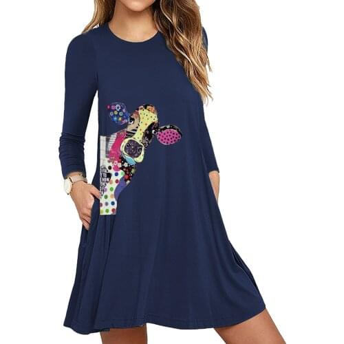 2021 New Spring Dress Women Long Sleeve O-Neck Cartoon Print A-line Dress Casual Pocket Loose Mini Dress Female Clothes Vestidos