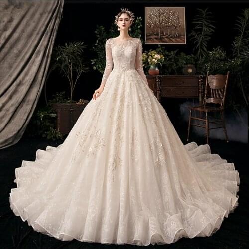 Wedding Dress Embroidery O-Neck Tulle Full Sleeves Simple Backless Elegant Bling New Lace up Long Women Bride Dresses B043