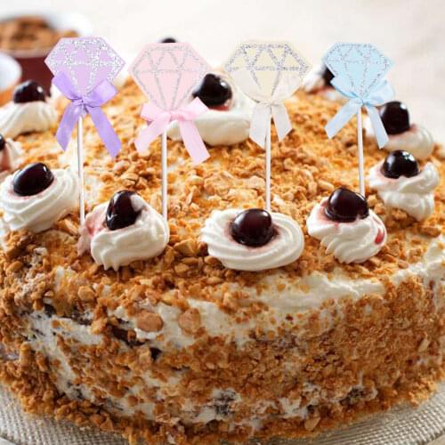 10pcs Lovely Diamond Cupcake Toppers Pink Happy Birthday Cake Insert Cards DIY Paper Satin Bowknot Wedding Decoration