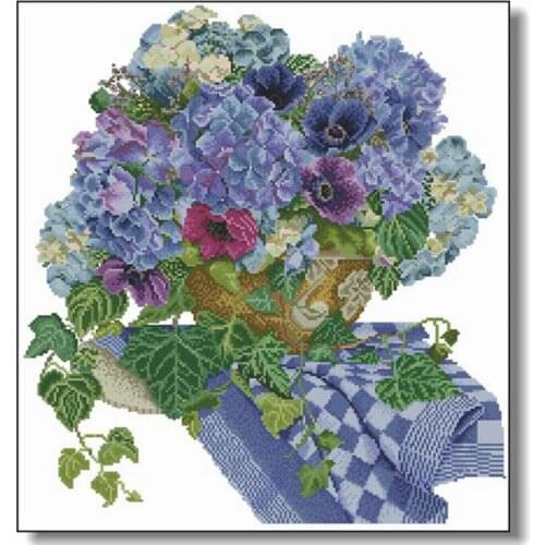 3025 Hydrangea and Anemone 48-50 Cross Stitch Set Cross-stitch Kit Embroidery Needlework Craft Packages Cotton Fabric Floss