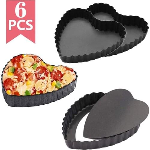 6Pcs Non-Stick Tart Pan with Removable Bottom Baking Heart-Shaped Bakeware Carbon Steel Tart Quiche Flan Pan Cake Pizza Molds