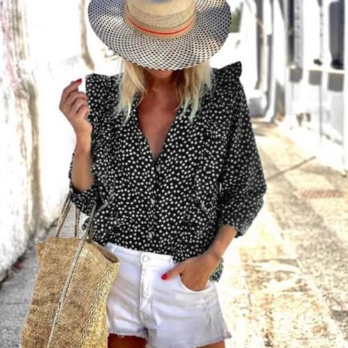 Autumn Summer 2021 Fashion Women Shirts Ruffle Polka Dots Printing Blouse Women Long Sleeves Elegant Office Ladies Female Blouse