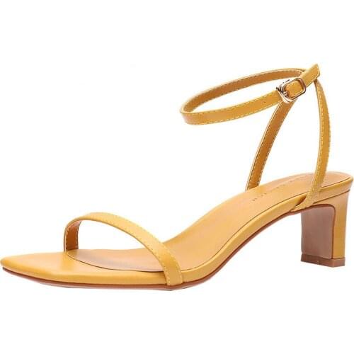 Women Sandals Summer Ladies PU Buckle Strap 5.5CM Thick High Heels Square Toe Shallow Back Strap sandal women shoes size 35-42