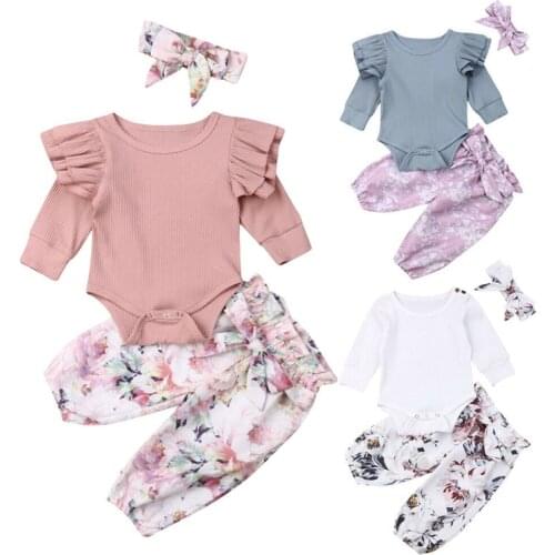 Newborn Baby Girl Spring Autumn Clothing Ruffle Knitted Romper Tops Floral Pants Shorts Outfits 0-24M
