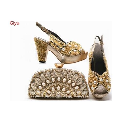 Doershow gold Shoes With Matching Bags With Rhinestones High Quality African Shoes And Bags Set To Match For Wedding!SHJ1-5