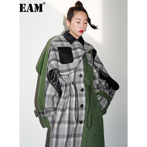 [EAM] Loose Fit Green Plaid Split Big Size Thick Woolen Coat Parkas New Long Sleeve Women Fashion Tide Spring Autumn 2021 1N313