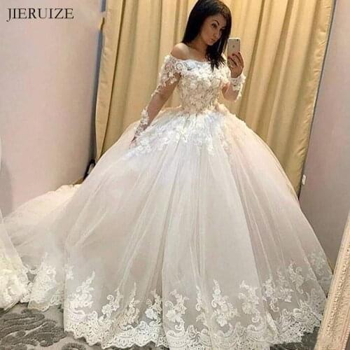 JIERUIZE White Flower Lace Appliques Luxury Wedding Dresses Long Sleeves Ball Gown Bride Dresses Wedding Gowns