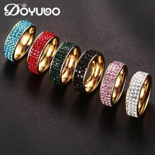 DOYUBO Gold Color Womens Stainless Steel Rings With Colorful Crystal Classical Full Stone Pottery Clay Metal Ring Jewelry DE032
