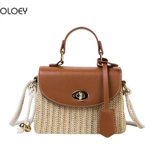 OLOEY New womens summer straw bag handbag crossbody bag woven bag one-shoulder small square bag rattan straw bag