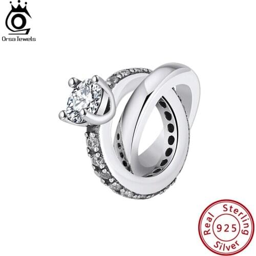 ORSA JEWELS Silver 925 Love Couple Engagement Rings Beads Fit Original Bracelet with Zirconia Fashion Women DIY Jewelry CB29