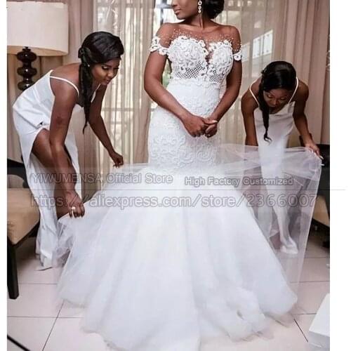 Luxurious Arabic Aso Ebi Short Sleeves Sheer Nuke Bridal Gowns Marriaged Mermaid Embroidery Beaded Wedding Dresses Plus Size