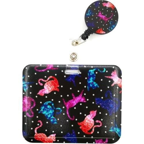 Starry Colorful Cats Cartoon Cute Credit Card Holder Lanyard Women Men Kid Student Badge Reel ID Name Bus Clips Card Holder