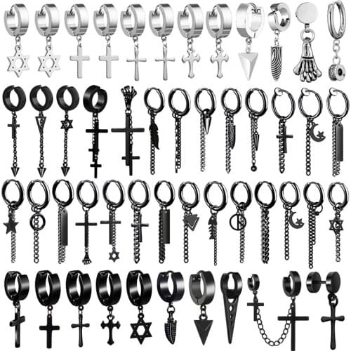 SOHOT Gothic Cross Moon Star Leaf Geometry Fish Bone Hoop Earrings Unisex Man Titanium Steel Punk Multiple Styles Rock Pop Black