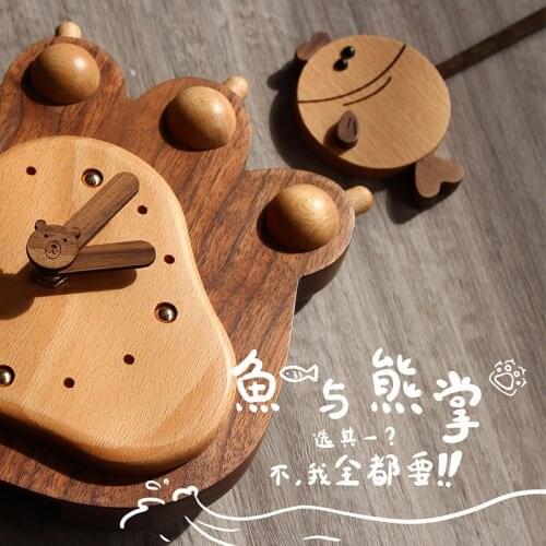 Fish And Bear Paw Cartoon Silent Solid Wood Pendulum Clock Indoor Lovely Simple Diy Wall Wall Decor