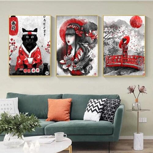 Japanese Geisha and Sushi Cat Canvas Painting Poster Prints Wall Art Samurai Picture for Living Room Home Decor Bar Restaurant