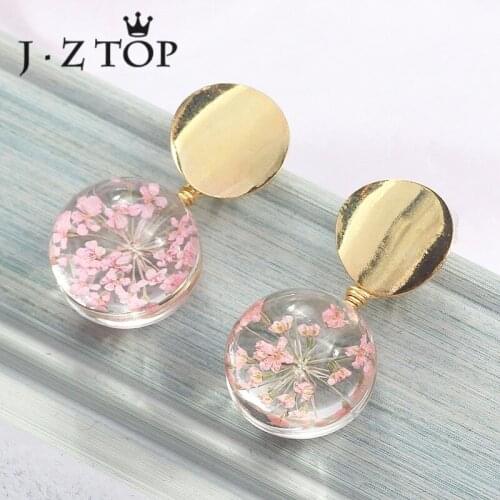 JZTOP Cute 3D Flower Crystal Ball Stud Earrings For Woman Romantic Sakura Transparent Round Earring Female Wedding Jewelry
