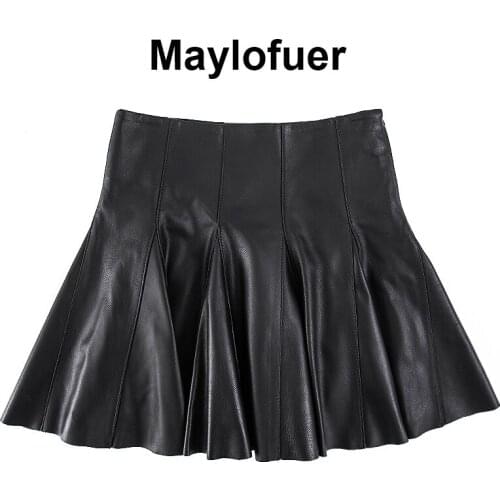 Genuine Sheepskin Leather Women Skirts High Waist Korean Style Pleated Skirts for Girls Cute Sweet Ladies Plaid Mini Skirt Women