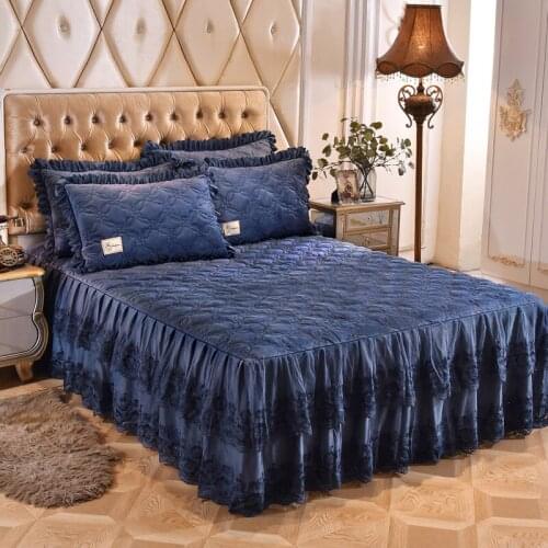 3/5-Pieces Luxury Blue Ruffel Lace Plush Bedskirt Warm Bedding Set Bed cover set Bedspread set Pillow shams