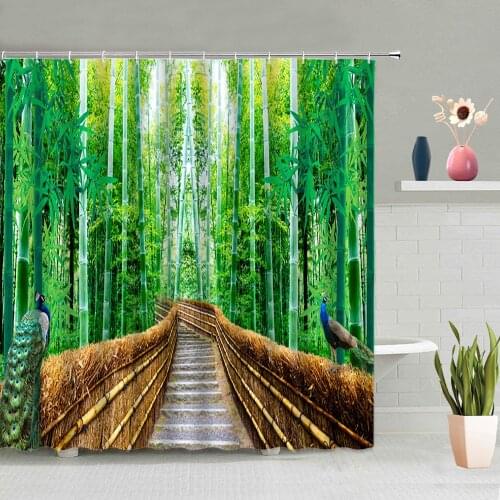 3D Bamboo Shower Curtain Green Leaves Plants Peacocks Animals Bathroom Decoration Screen Washable With Hooks Hanging Curtains