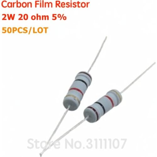 50PCS/LOT 2W 20 ohm 5% Resistor 2W 20R ohm Carbon film resistor +/- 5% / 2W Color Ring Resistance Wholesale Electronic