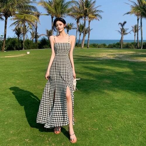 Bella 2021 Elegant Vintage Strap Plaid Dress Women Summer Designer Sexy Party Split Dress French Retro Backless Spaghetti Dress