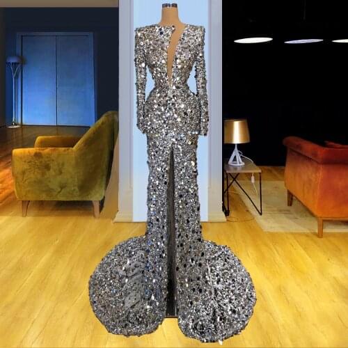 Dubai Muslim Shiny Silver Prom Dresses Long Mermaid Formal Evening Dresses Woman Party Night Gowns Robe De Soiree