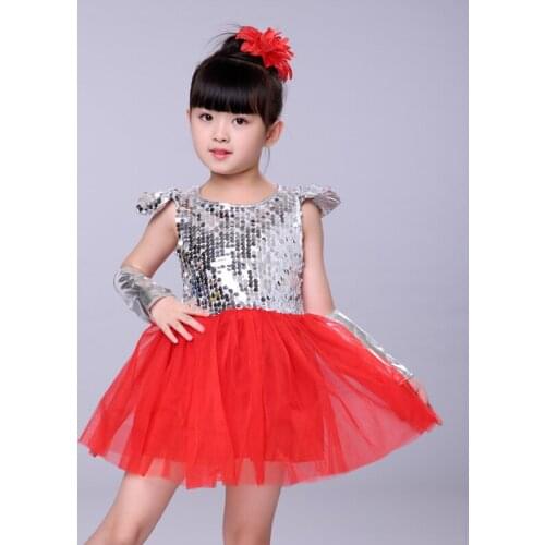 Jazz Dance Costumes For Girls Sequined Pink White Red Yellow Kids Modern Performance Stage Costumes Contemporary Princess Dress