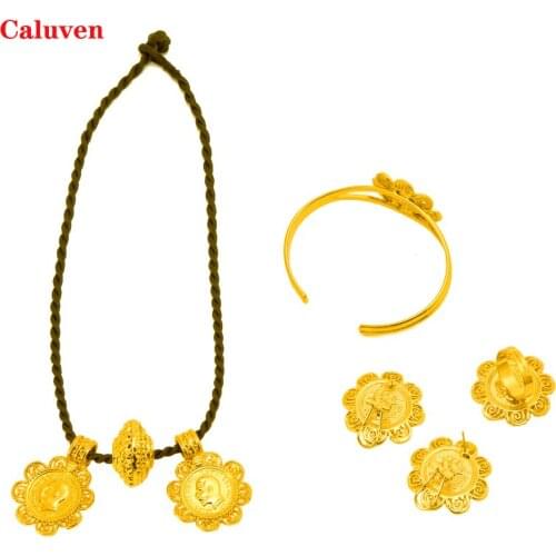 Ethiopian Coin Bride Gift Gold Color Saudi Arabic Necklace/Earrings/Ring Eritrea African Dubai Jewelry Set for Women Wedding