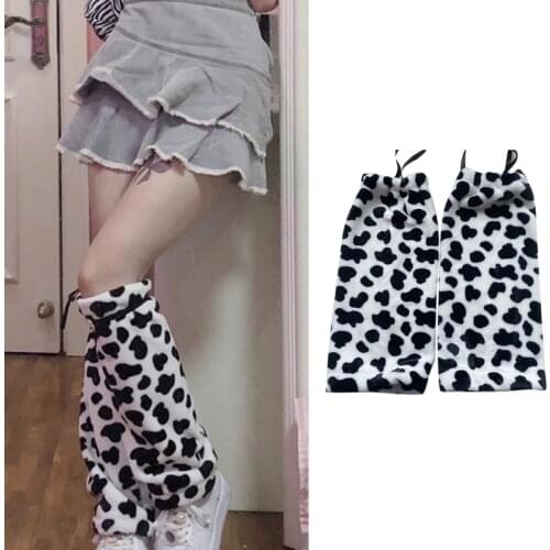 649D Japanese Women Student Plush Leg Warmers Lolita Girl Kawaii Black White Cow Print Long Socks Harajuku Gothic Foot Covers