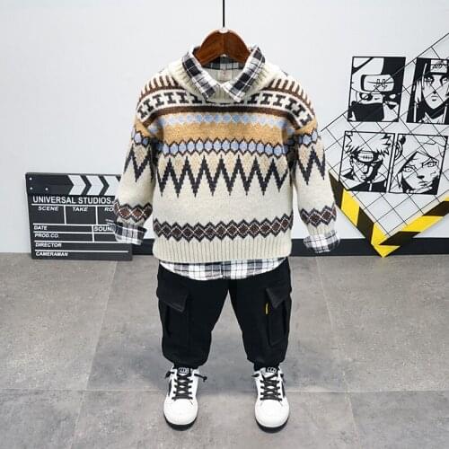 Boys Clothes Sets Fashion Casual Hot Sale Kids Knit Sweater+Plus Velvet Shirts+Thick Pants 3Pcs Outfit Casual Childrens Suit