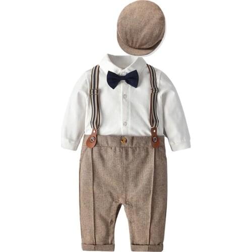 High Quality Baby Boys Wedding Party Gentleman Suit Newborn Bow Bodysuit+Hat Outfits & Set Gentleman Birthday Gift