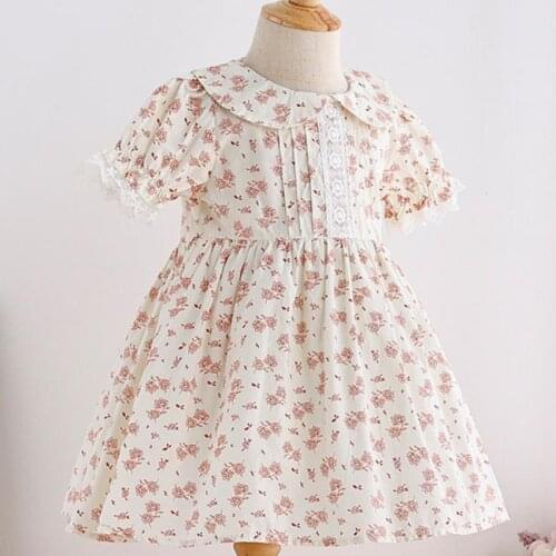 Baby girl summer vintage floral printed princess dress kids puff sleeve peter pan collar lace stitching a-line dress