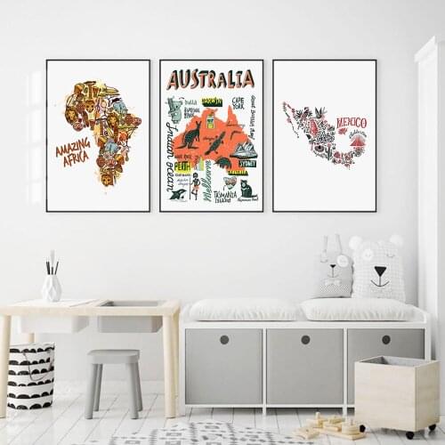 Mexico Africa Australia Map Travel Animals Wall Art Canvas Painting Nordic Posters and Prints Wall Pictures Baby Kids Room Decor