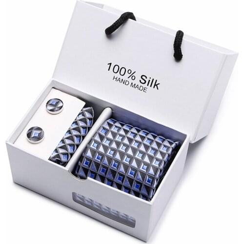 Many Color Top grade Newest design Luxury 7.5 cm Tie Handkerchief Pocket Squares Cufflink Set Tie Necktie Box Performance