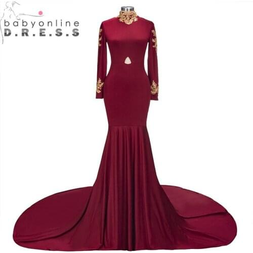 New Style Reflective Dress High Neck Burgundy Long Sleeve Mermaid Prom Dresses 2019 Charming Appliques Evening Party Dress