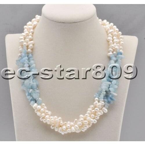 P6803 4Row 18" White Rice Freshwater Pearl Aquamarine Detritus Choker Necklace