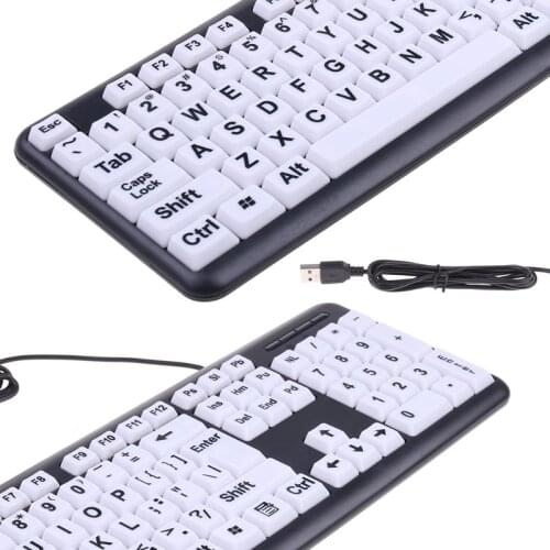 USB Wired PC Computer Game Gaming Keyboard High Contrast Large Print White Keys Black Letter for Old People Elderly Men