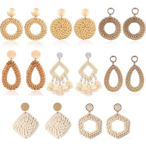 Louleur Bamboo Wooden Straw Woven Rattan Vine Braid Drop Earrings Vintage Geometric Bohemian Handmade Jewelry For Women
