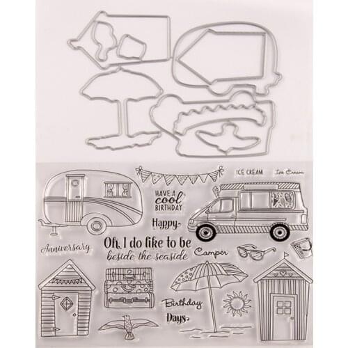 WYSE Travel Stamps and Dies 2020 Car Umbrella Metal Cutting Dies with Clear Rubber Stamp for DIY Scrapbooking paper card