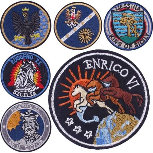 Sicily King Badges Iron on Cloth Coins Embroidery National Emblem Patches Exquisite Portrait Logo for Clothes Hats Bags Stickers