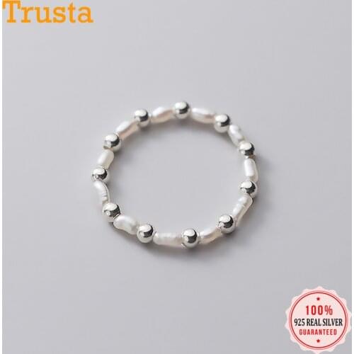 Trustdavis Minimalist Real 925 Sterling Silver Sweet Pearl Beads Elastic Rings for Women Wedding Party S925 Jewelry DA1349
