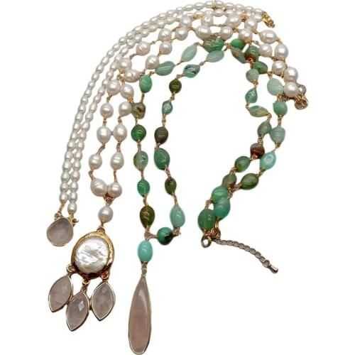 YYGEM Natural Chrysoprase Freeform Cultured White Rice Pearl Rose Quartz Coin Pearl Charm statement Necklace 18"