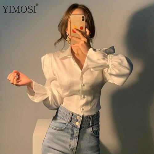 2021 Chic Retro Puff Sleeve Stain Women Blouse Shirts Ladies Back Lace Up Bow White Shirts Female Slim Fit Office Clothing