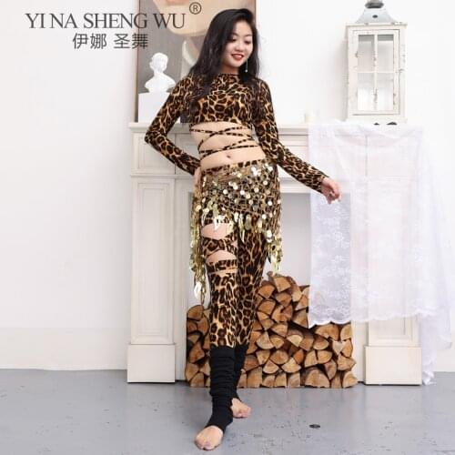 Womens Belly Dance Dance Leopard Practice Clothes New Sexy Hollow Trousers Tops Profession Dance Hip Scarf Bellydance Costume