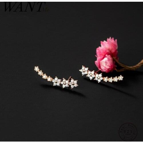 WANTME 925 Sterling Silver Shiny Zircon Charm Five Petal Flower Star Stud Earrings for Women Fashion Wedding Anniversary Jewelry