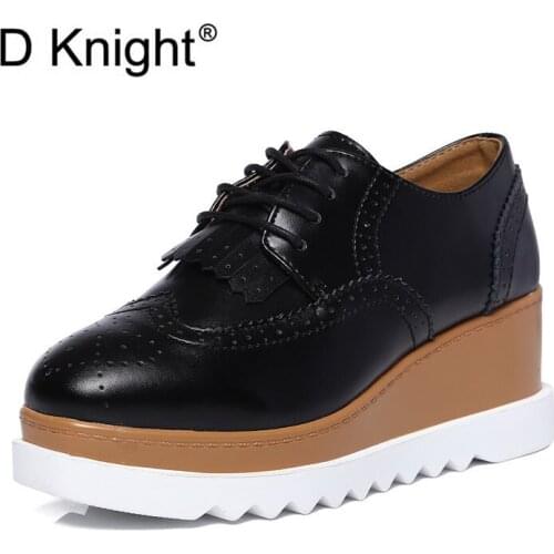 2020 Black Oxfords Shoes Woman Platform Pumps Fashion Lace Up Women Creepers Tassel Wedges Casual Sneakers High Heel Shoes Woman