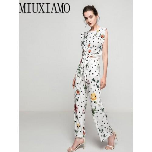 MIUXIMAO 2021 Spring Summer New Women Sets Single-Breasted Ribbon Shirt Tops Printed Casual Trousers Fashion Two-Piece Suit