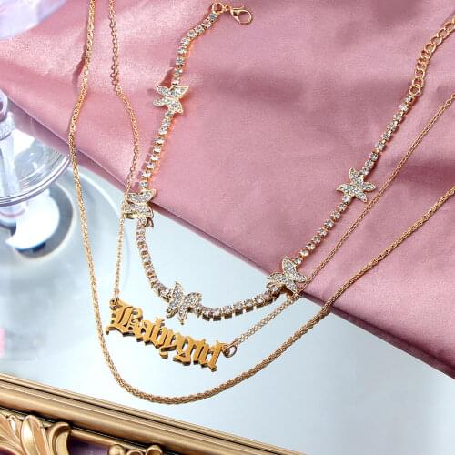 JUST FEEL Bling Rhinestone Butterfly Choker Necklace for Women Gold Color Multilayer Letter Babygirl Pendant Necklace Jewelry