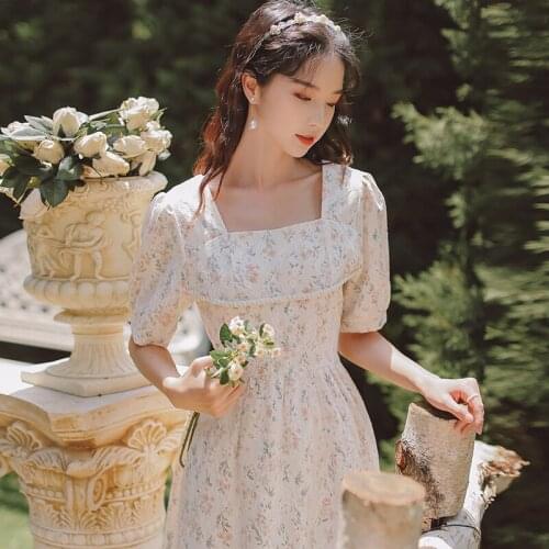 Korean Thin Retro French Square Collar Sweet Floral Lace Dress Womens Summer Romantic Elegant Robe Femme Dress